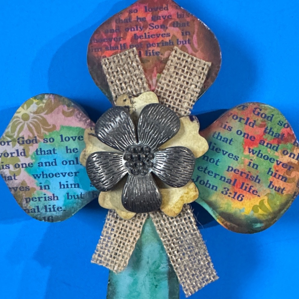 Colorful Decorative Cross with Burlap and Flower Accent - Picture 3 of 5